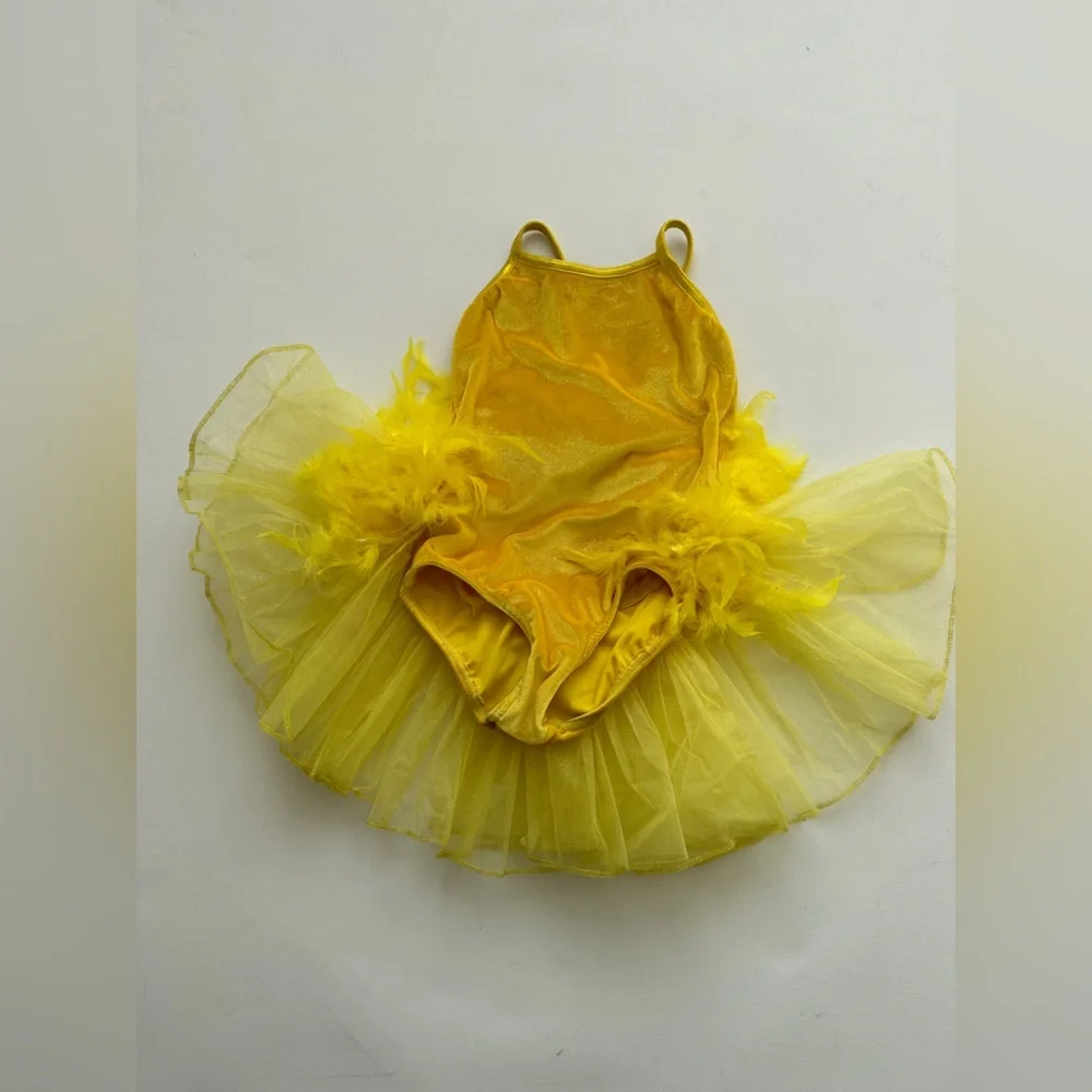 Jazzamatazz -Dance/Figure Skating Costume - Yellow Velvet-Tulle & Feather Skirt - Picture 1 of 9